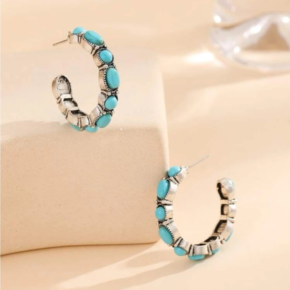 Turquoise Cuff Hoop Earrings - Picture 2 of 5